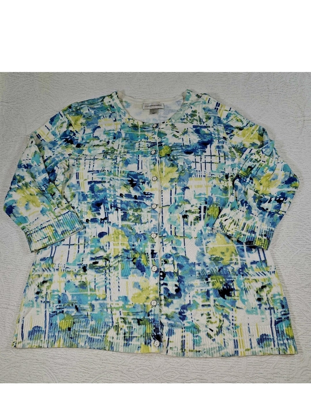 100% Cotton Cardigan White Yellow Mint Abstract Print Sweater 3/4 Sleeve L Boho